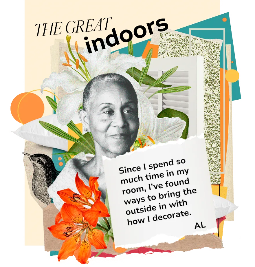 "The great indoors" shows a smiling woman surrounded by flowers, pillows, and a bird. A torn piece of paper has a quote from AL, a person with bronchiectasis (BE): "Since I spend so much time in my room, I've found ways to bring the outside in with how I decorate."