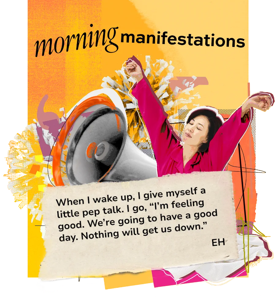 "Morning manifestations" shows a megaphone next to a woman in pajamas stretching. A torn piece of paper has a quote from EH, a person with bronchiectasis (BE): "When I wake up, I give myself a little pep talk. I go, 'I'm feeling good. We're going to have a good day. Nothing will get us down.'"