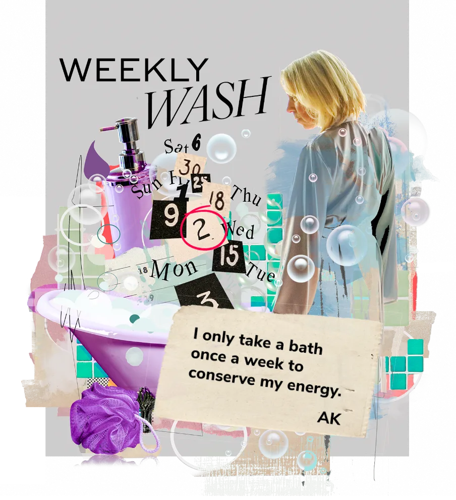 A collage titled "Weekly wash" depicts a woman standing in front of a bubble bath. There are calendar dates coming out of the bubbles. A torn piece of paper has a quote from AK, a person with bronchiectasis (BE): "I only take a bath once a week to conserve my energy."