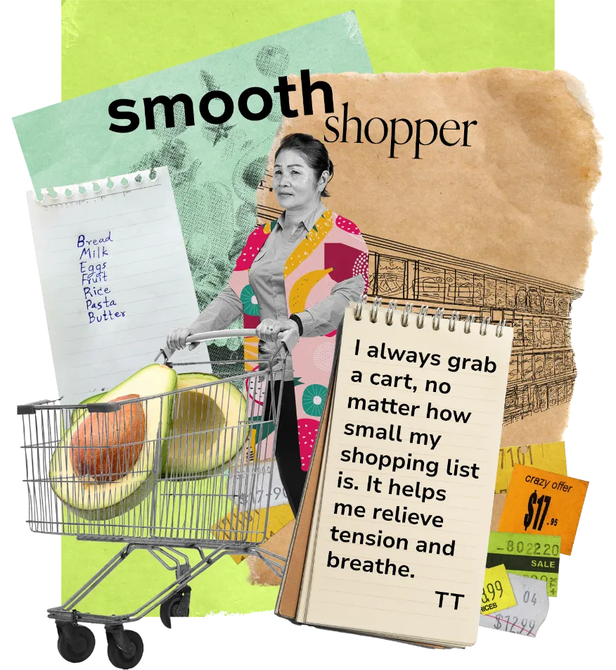 "Smooth Shopper" shows a woman at a grocery store pushing a shopping cart with avocados. The collage background includes a grocery list, parts of a store aisle, and a price tag. A notebook in the foreground has a quote from T.T., a person with bronchiectasis (BE): "I always grab a cart, no matter how small my shopping list is. It helps me relieve tension and breathe."