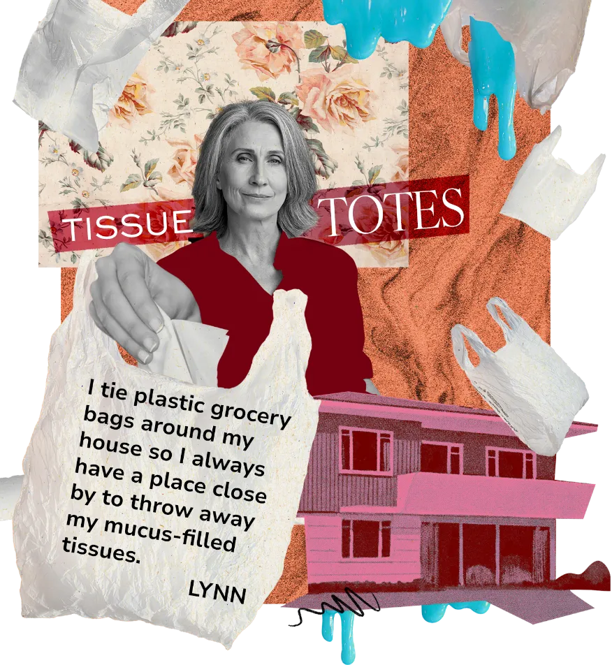Tissue Totes" features a woman placing a tissue into a plastic grocery bag. The collage background includes floral patterns and an image of a red house, with a couple of floating plastic bags. The bag she is using has a quote from Lynn, a person with bronchiectasis (BE): "I tie plastic grocery bags around my house so I always have a place close by to throw away my mucus-filled tissues."